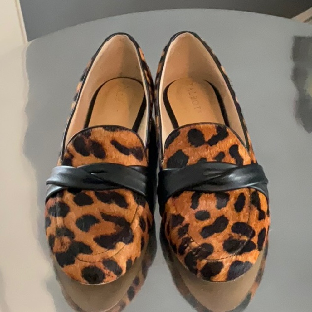 Talbots Ryan Twist Nappa Leather Leopard Calf Hair Loafers Size 8.5
